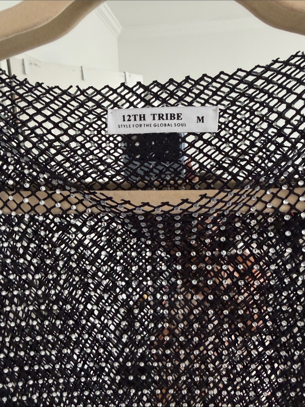 12th tribe Black Beaded Mesh Dress with Feather Cuffs - Picture 5 of 5